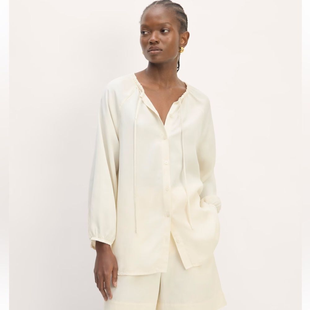 Everlane Gathered Shirt Butterlite Beige Button Front Sz XXS